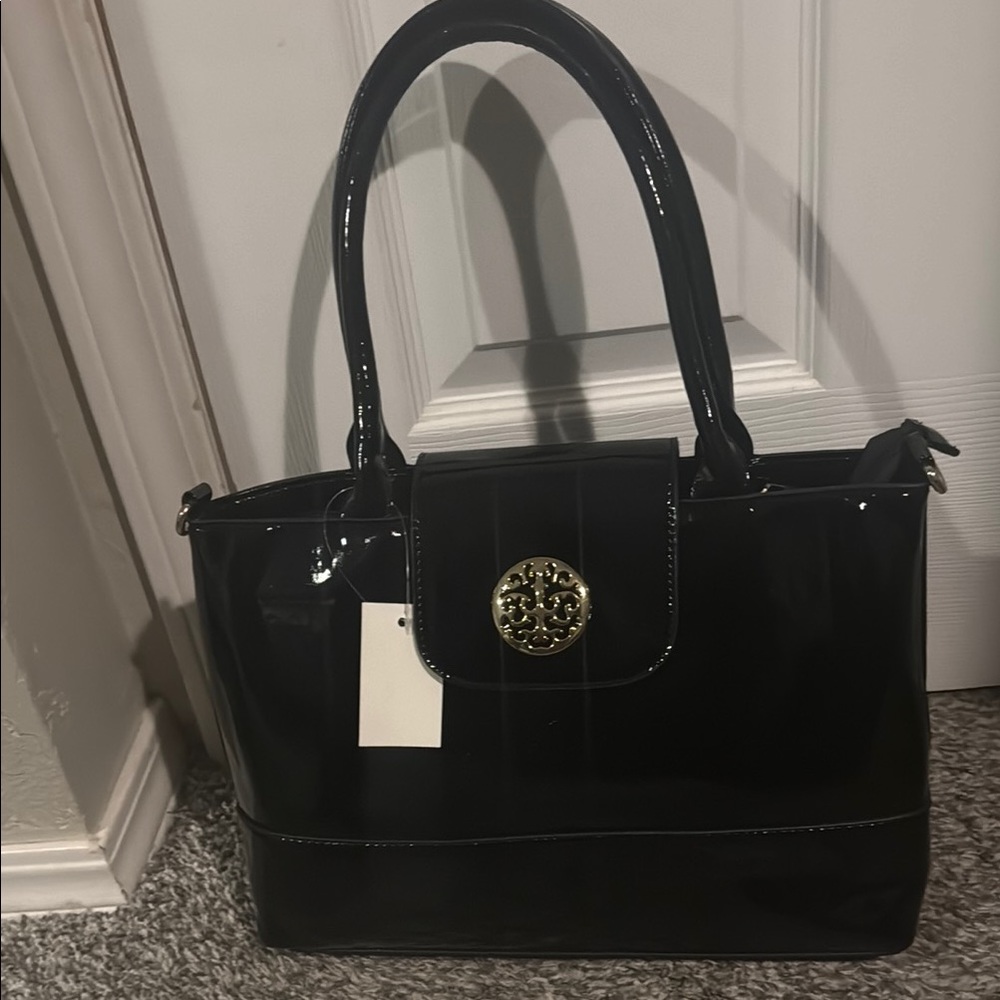 Black Patent Leather Shoulder Bag with Gold Accents